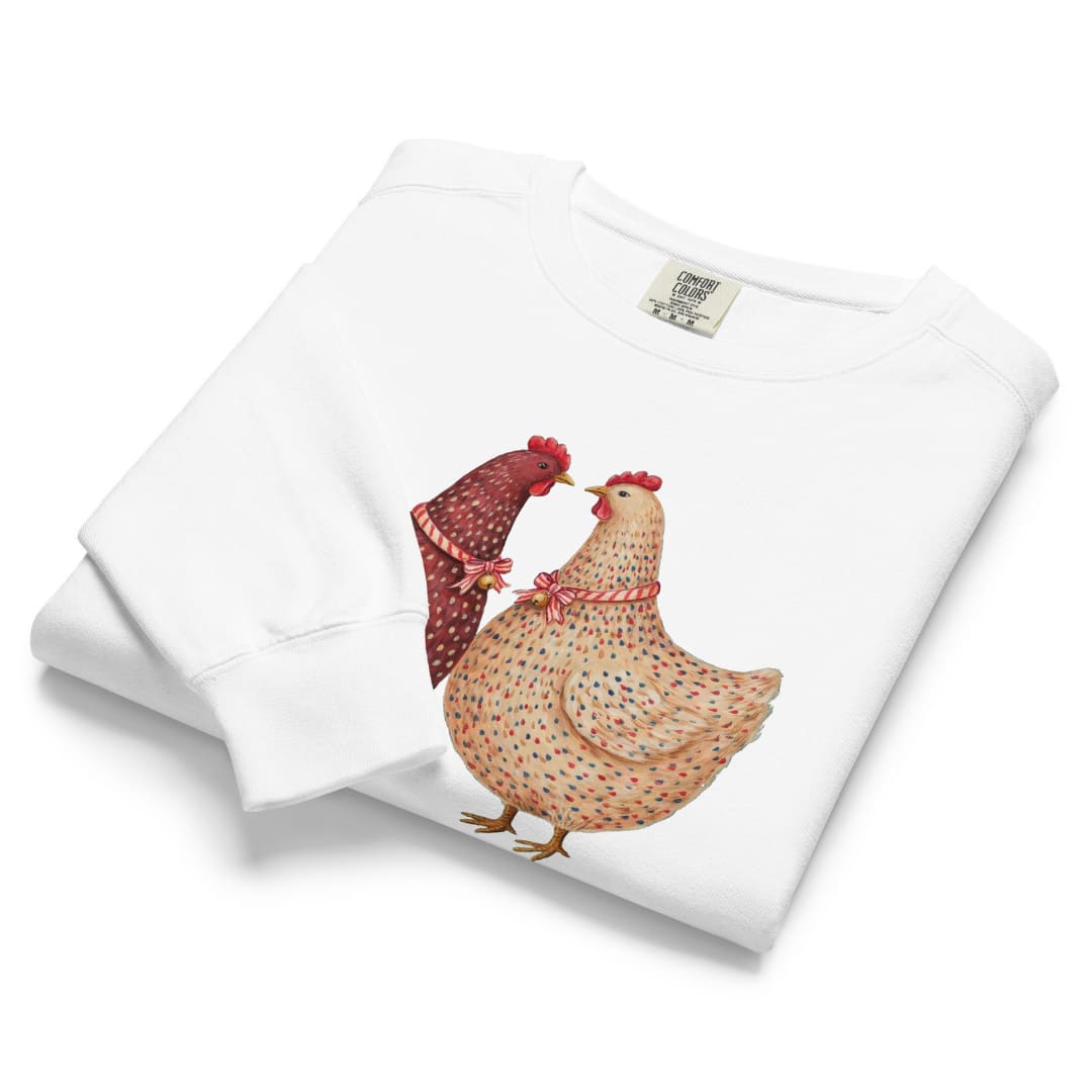 Belle & Plume™ sweatshirt by Blossombless.co in White, folded to show the heavyweight fleece and the two French hens graphic