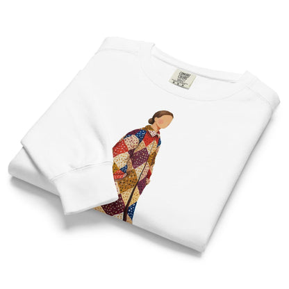 Pieced Together™ sweatshirt by Blossombless.co in White, folded to show the heavyweight fleece and the patchwork coat graphic
