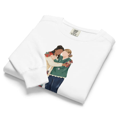 Charted With Love™ sweatshirt by Blossombless.co in White, folded to show the heavyweight fleece and the painterly nurse friends graphic