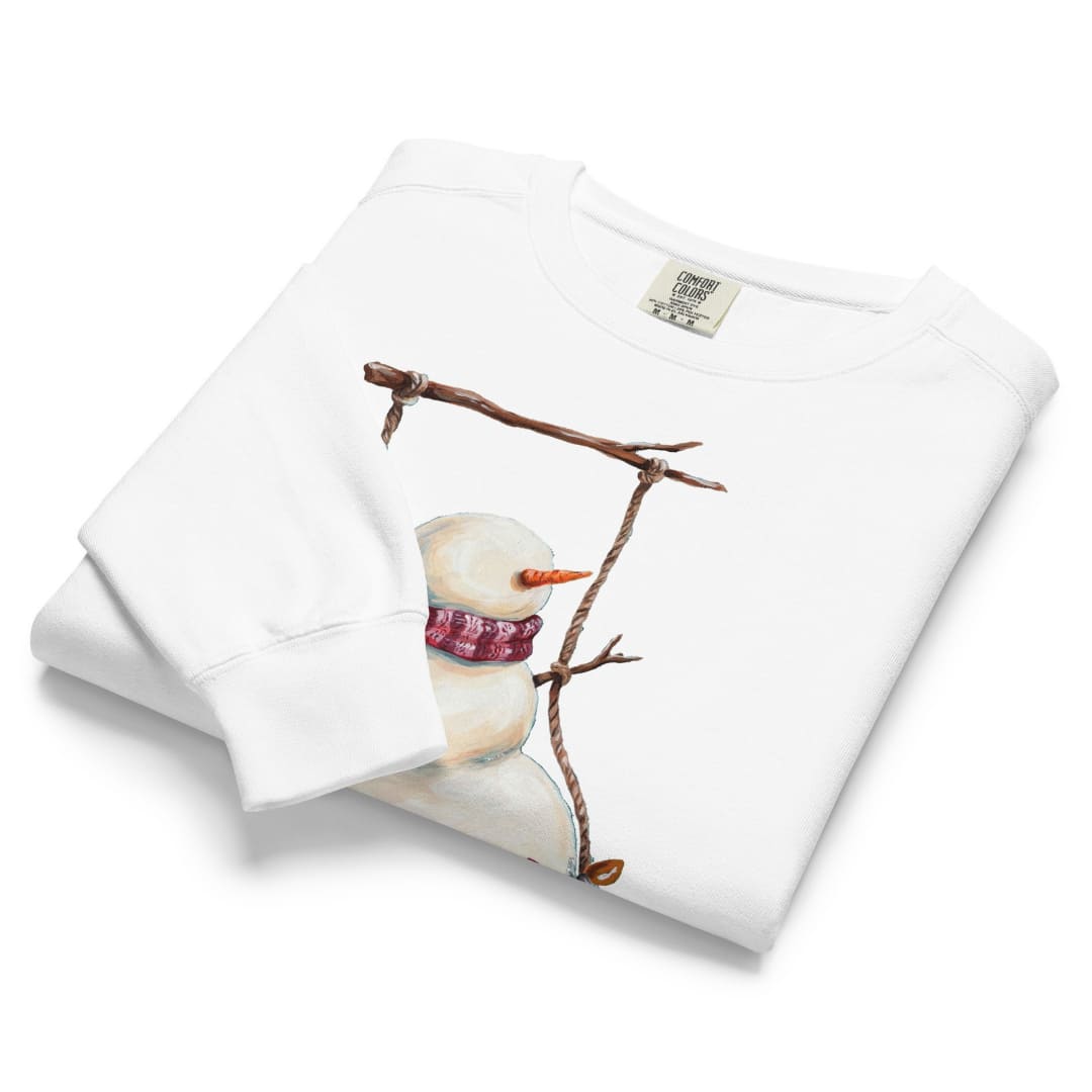 Swing Season™ sweatshirt by Blossombless.co in White, folded to show the heavyweight fleece and the snowman swing graphic