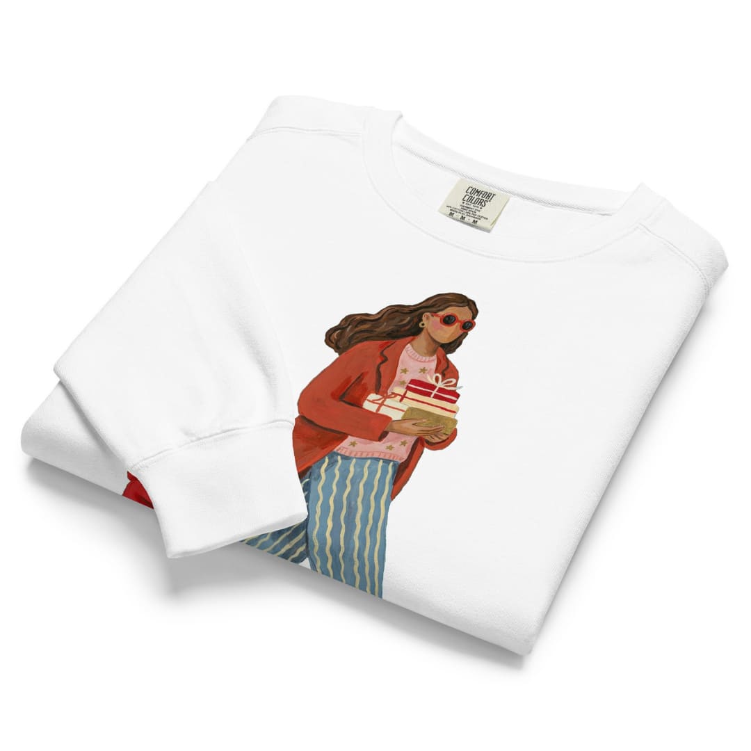 Wrapped & Running™ sweatshirt by Blossombless.co in White, folded to show the heavyweight fleece and the painterly mom and child graphic