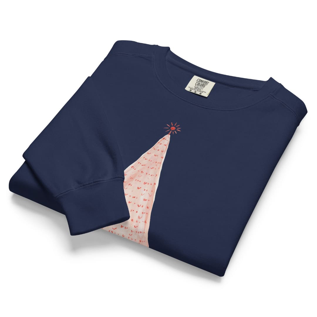 Pink Pine™ sweatshirt by Blossombless.co in True Navy, folded to show the heavyweight fleece and the painted pink tree graphic