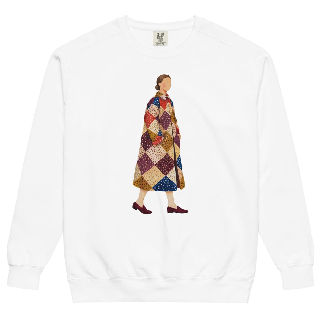 Pieced Together™ sweatshirt by Blossombless.co in White, front view: a hand-painted faceless woman walking in an oversized patchwork coat of burgundy, mustard, cream, red and navy diamonds