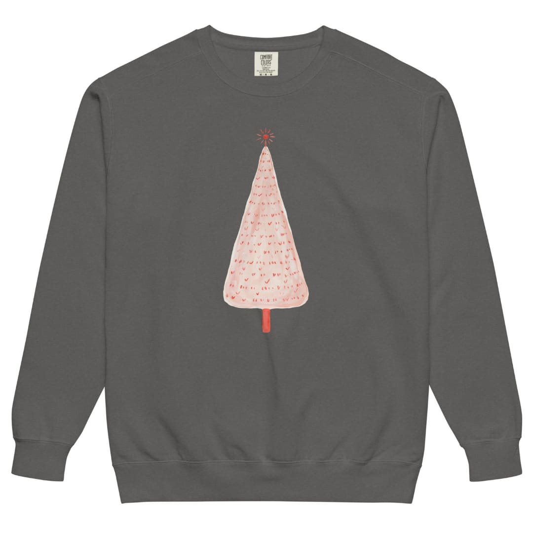 Pink Pine™ sweatshirt by Blossombless.co in Pepper, front view: a slim blush-pink Christmas tree with a painterly texture, tiny red marks and a small red star