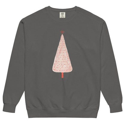 Pink Pine™ sweatshirt by Blossombless.co in Pepper, front view: a slim blush-pink Christmas tree with a painterly texture, tiny red marks and a small red star