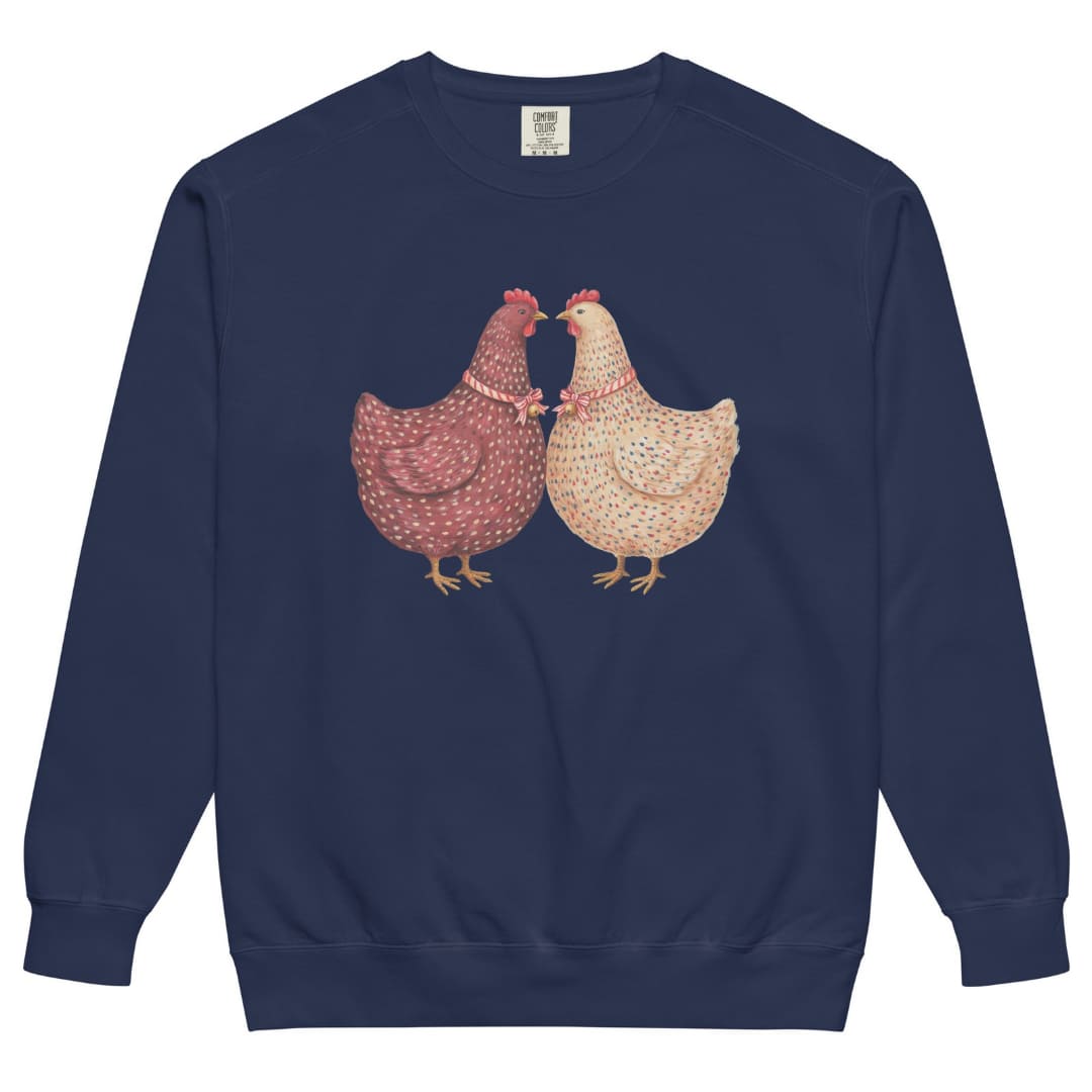 Belle & Plume™ sweatshirt by Blossombless.co in True Navy, front view: two painterly French hens, one burgundy and one cream, beak to beak with striped ribbon bows and tiny gold bells
