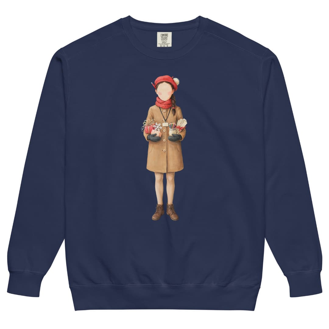 Last Bell Before Break™ sweatshirt by Blossombless.co in True Navy, front view: a painterly teacher in a camel coat and red beret, arms full of her students' handmade gifts