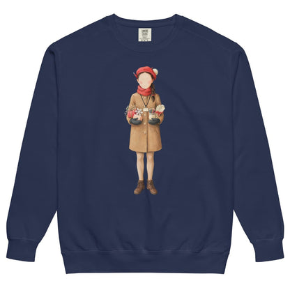 Last Bell Before Break™ sweatshirt by Blossombless.co in True Navy, front view: a painterly teacher in a camel coat and red beret, arms full of her students' handmade gifts