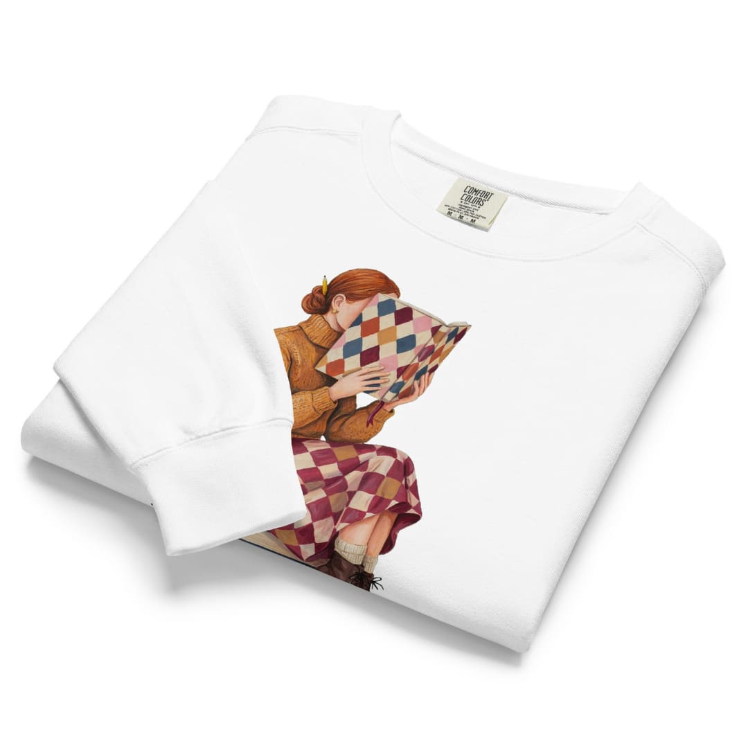Between Chapters™ sweatshirt by Blossombless.co in White, folded to show the heavyweight fleece and the painterly reading graphic