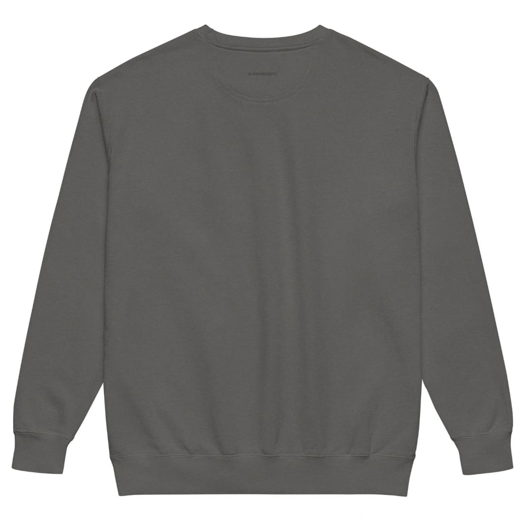 Holiday Muse™ sweatshirt by Blossombless.co in Pepper, back view with BLOSSOMBLESS.CO printed below the neckline
