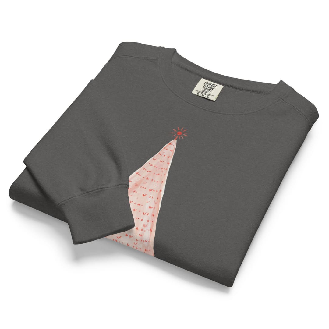 Pink Pine™ sweatshirt by Blossombless.co in Pepper, folded to show the heavyweight fleece and the painted pink tree graphic