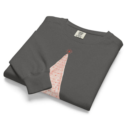 Pink Pine™ sweatshirt by Blossombless.co in Pepper, folded to show the heavyweight fleece and the painted pink tree graphic