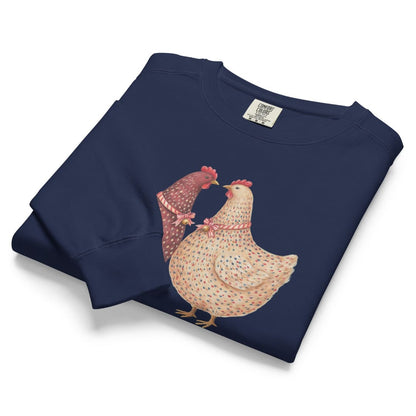 Belle & Plume™ sweatshirt by Blossombless.co in True Navy, folded to show the heavyweight fleece and the two French hens graphic