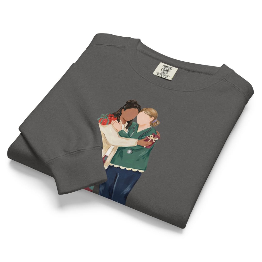 Charted With Love™ sweatshirt by Blossombless.co in Pepper, folded to show the heavyweight fleece and the painterly nurse friends graphic