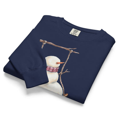 Swing Season™ sweatshirt by Blossombless.co in True Navy, folded to show the heavyweight fleece and the snowman swing graphic