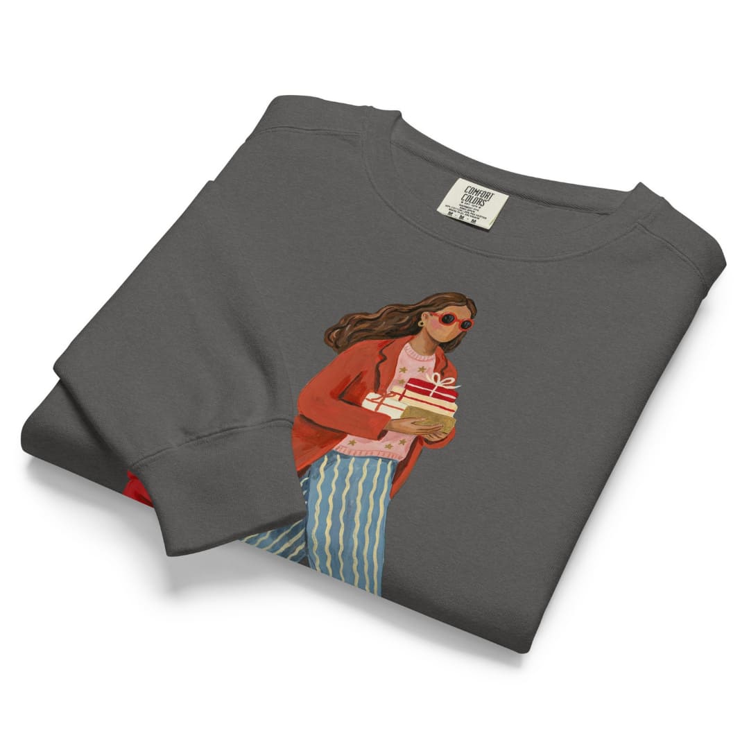 Wrapped & Running™ sweatshirt by Blossombless.co in Pepper, folded to show the heavyweight fleece and the painterly mom and child graphic