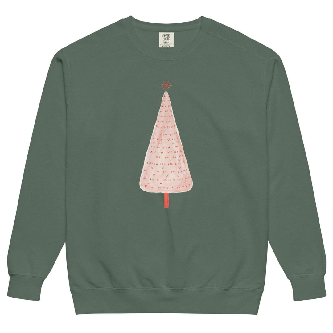 Pink Pine™ sweatshirt by Blossombless.co in Blue Spruce, front view: a slim blush-pink Christmas tree with a painterly texture, tiny red marks and a small red star