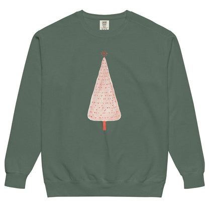 Pink Pine™ sweatshirt by Blossombless.co in Blue Spruce, front view: a slim blush-pink Christmas tree with a painterly texture, tiny red marks and a small red star