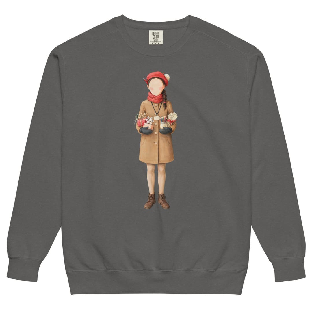 Last Bell Before Break™ sweatshirt by Blossombless.co in Pepper, front view: a painterly teacher in a camel coat and red beret, arms full of her students' handmade gifts