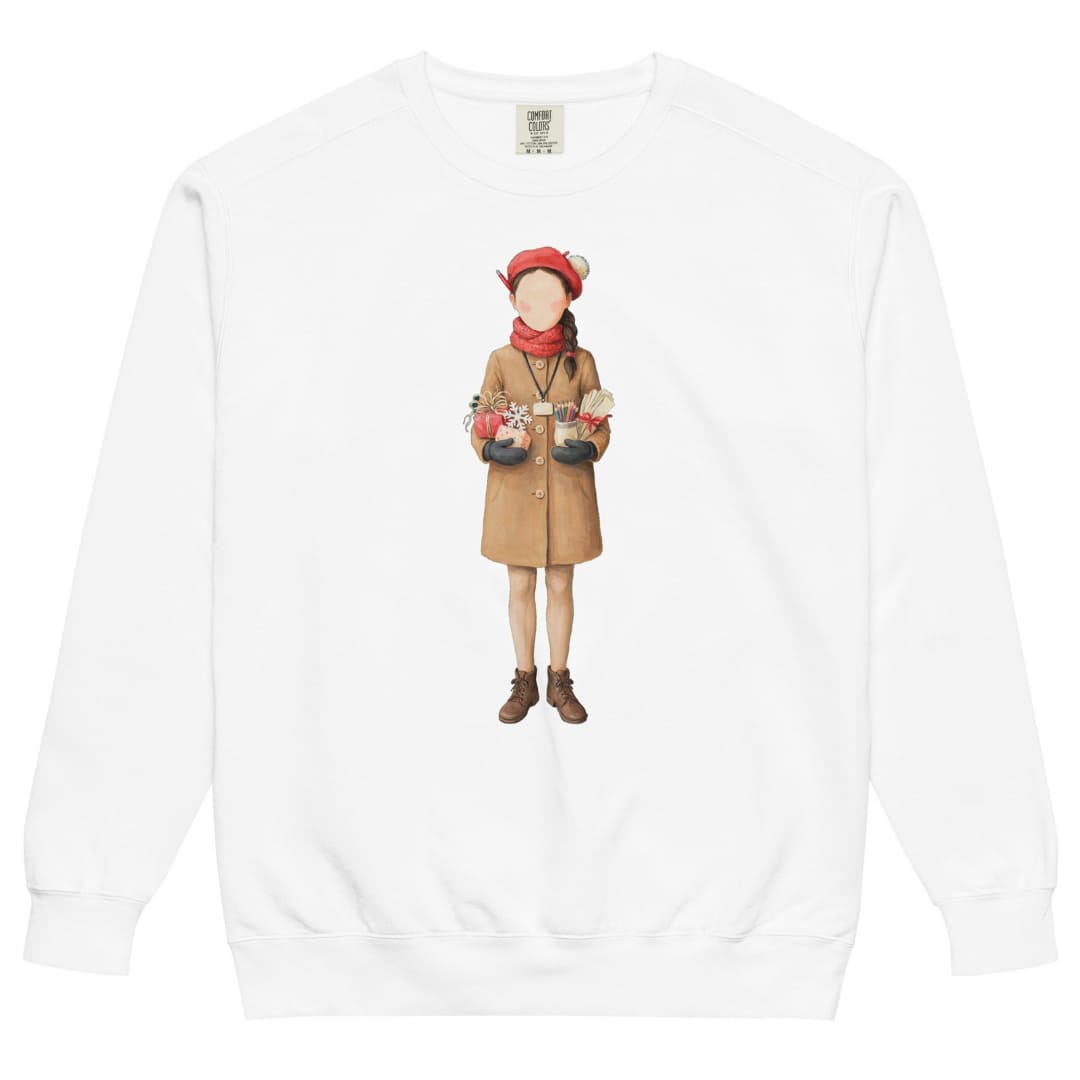 Last Bell Before Break™ sweatshirt by Blossombless.co in White, front view: a painterly teacher in a camel coat and red beret, arms full of her students' handmade gifts