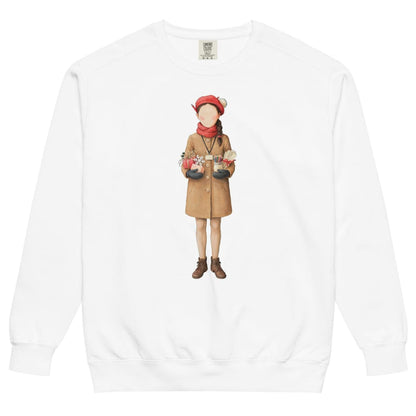 Last Bell Before Break™ sweatshirt by Blossombless.co in White, front view: a painterly teacher in a camel coat and red beret, arms full of her students' handmade gifts