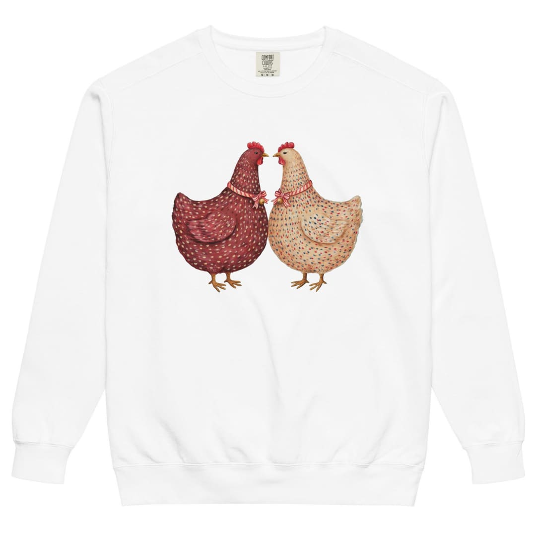 Belle & Plume™ sweatshirt by Blossombless.co in White, front view: two painterly French hens, one burgundy and one cream, beak to beak with striped ribbon bows and tiny gold bells