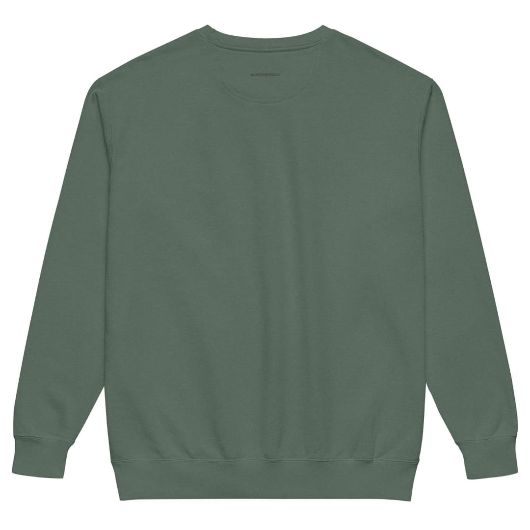 Pink Pine™ sweatshirt by Blossombless.co in Blue Spruce, back view: plain back with a small BLOSSOMBLESS.CO print at the neck