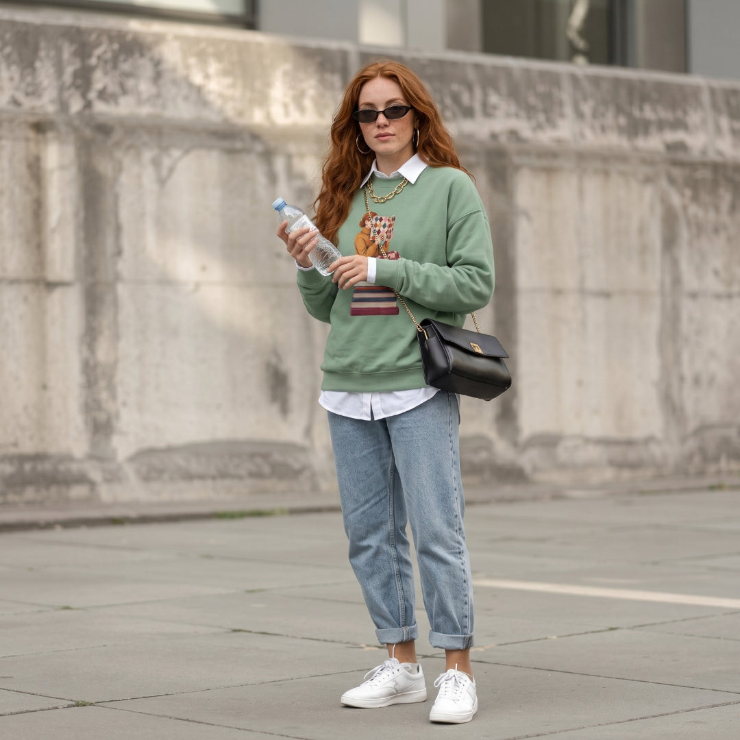 Woman wearing the Between Chapters™ sweatshirt by Blossombless.co in Light Green with sunglasses and light-wash jeans, standing by a stone wall outdoors