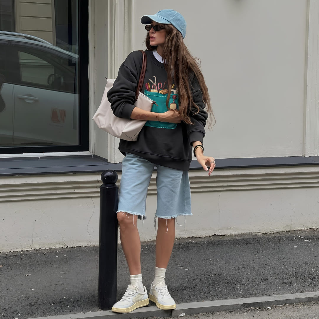 Woman wearing The Shift Pocket™ sweatshirt in Black on a city sidewalk, styled with denim shorts and a blue cap