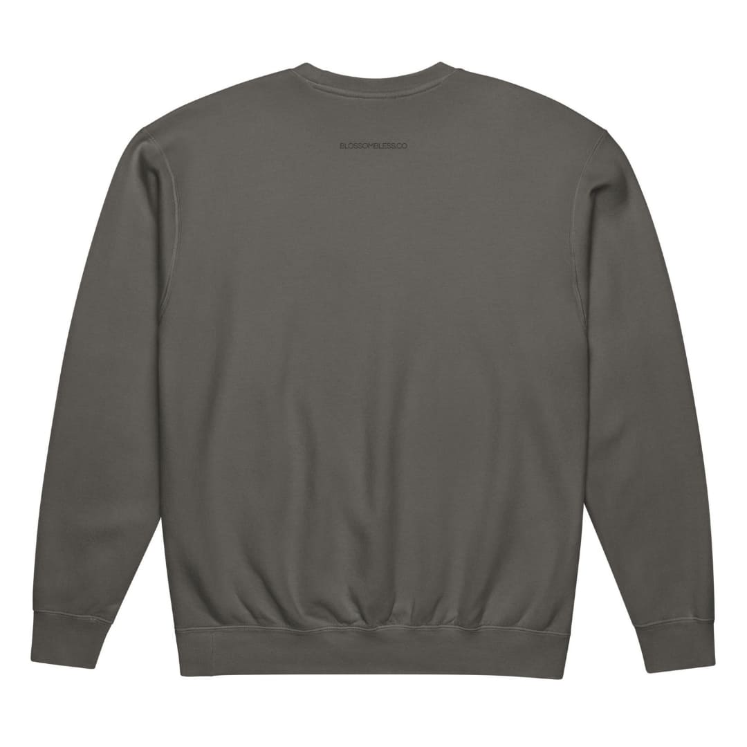 The Shift Pocket™ sweatshirt in Pepper, back view with the Blossombless.co print below the collar