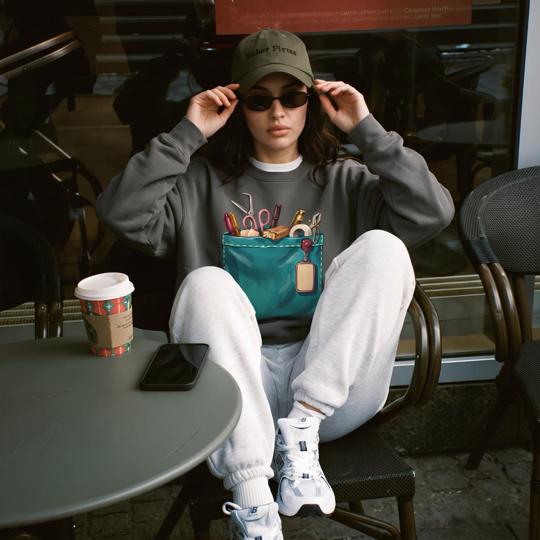 Woman wearing The Shift Pocket™ sweatshirt in Pepper at an outdoor café table with white sweatpants and a green cap