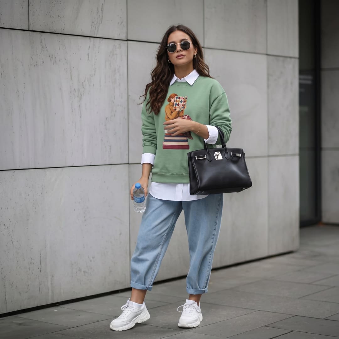 Woman wearing the Between Chapters™ sweatshirt by Blossombless.co in Light Green over a white collared shirt with light-wash jeans, sunglasses and a black bag, standing against a concrete wall