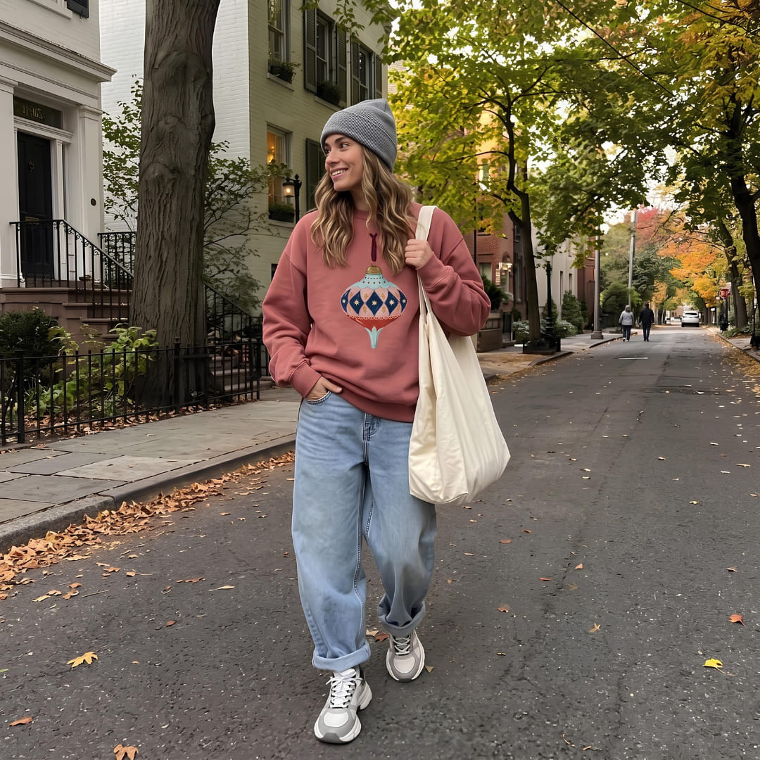 Woman wearing the Handed Down™ sweatshirt by Blossombless.co in Crimson with a gray beanie, light-wash jeans and a canvas tote, walking down an autumn tree-lined street