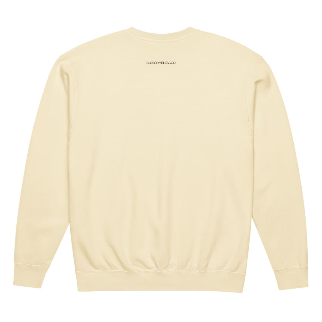 The Shift Pocket™ sweatshirt in Ivory, back view with the Blossombless.co print below the collar