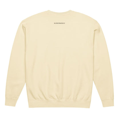 The Shift Pocket™ sweatshirt in Ivory, back view with the Blossombless.co print below the collar