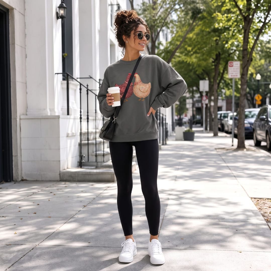 Woman wearing the Belle & Plume™ sweatshirt by Blossombless.co in Pepper with black leggings and white sneakers, holding a coffee on a tree-lined city sidewalk
