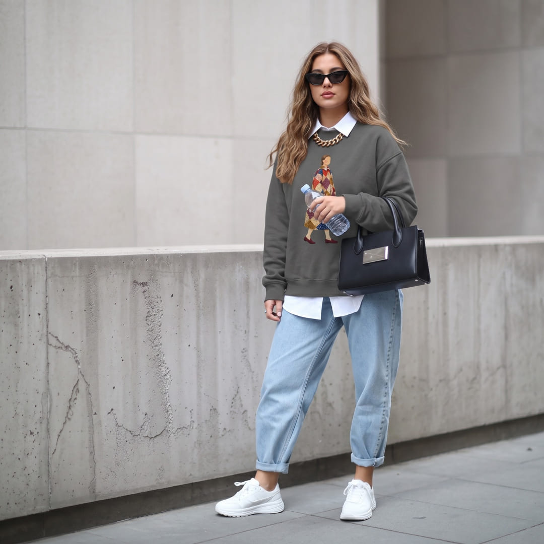 Woman wearing the Pieced Together™ sweatshirt by Blossombless.co in Pepper with light-wash jeans, a white collared shirt underneath, sunglasses and a black handbag, walking past a concrete wall