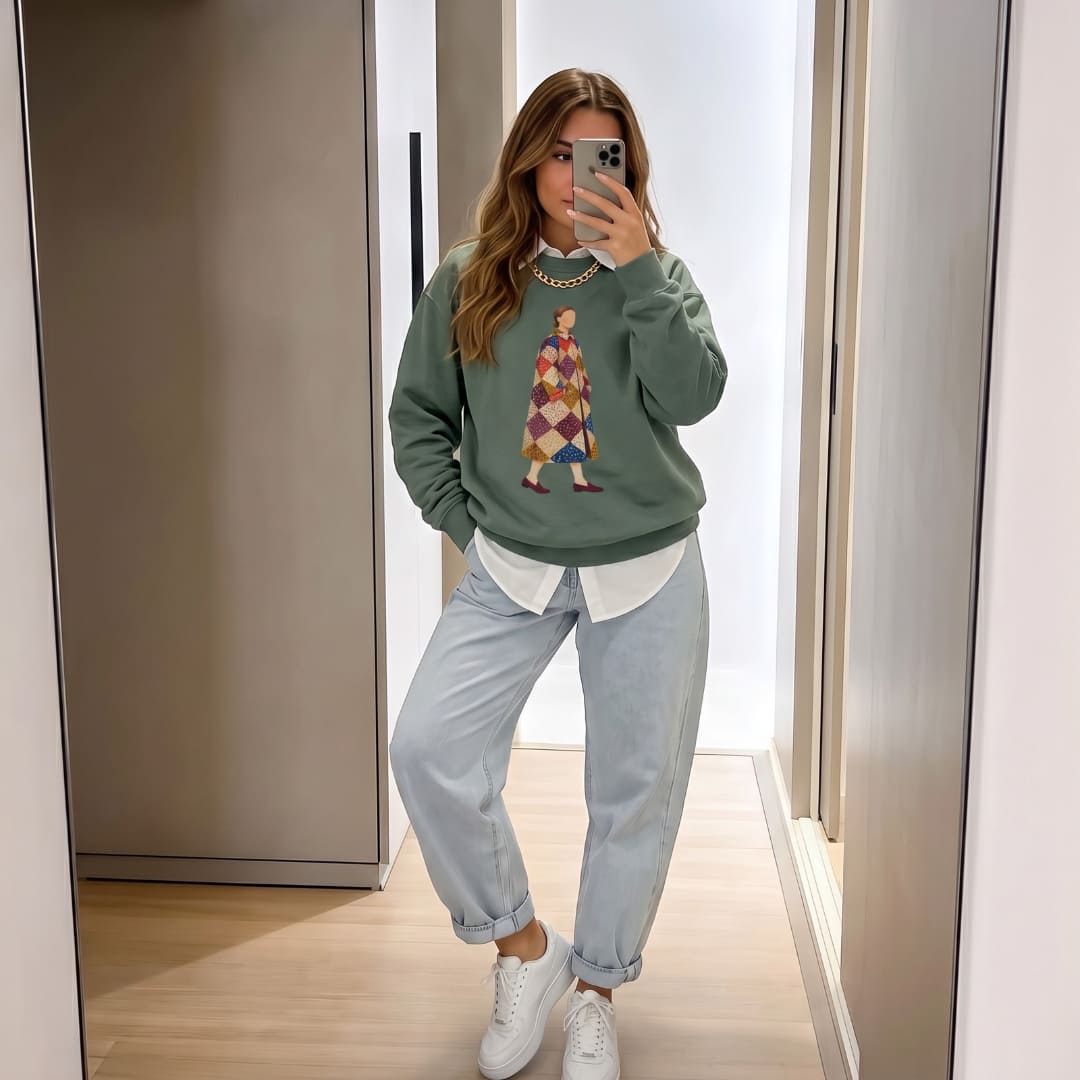 Woman wearing the Pieced Together™ sweatshirt by Blossombless.co in Blue Spruce with gray wide-leg pants and white sneakers, taking a mirror selfie in a hallway