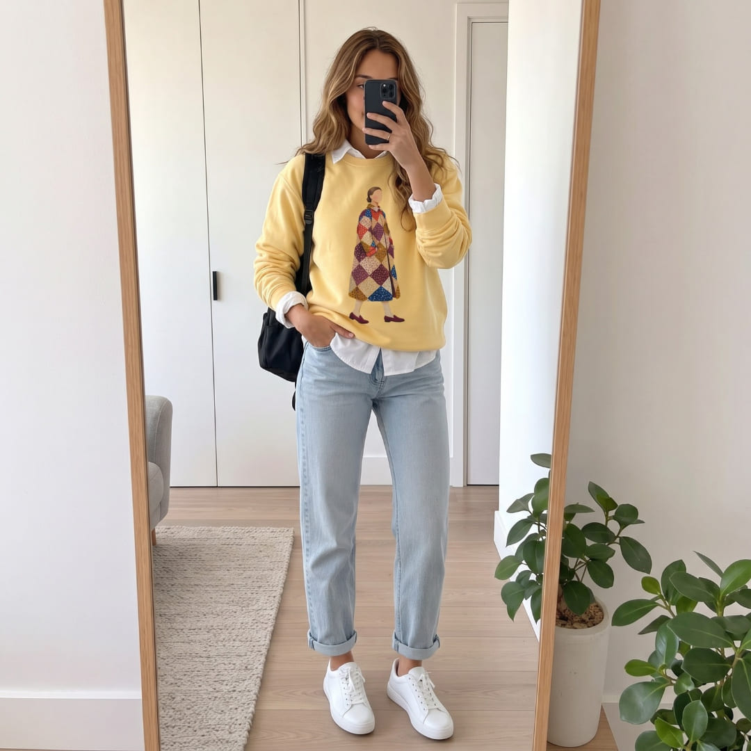 Woman wearing the Pieced Together™ sweatshirt by Blossombless.co in Butter with light-wash jeans, white sneakers and a black backpack, taking a mirror selfie at home