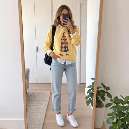 Woman wearing the Pieced Together™ sweatshirt by Blossombless.co in Butter with light-wash jeans, white sneakers and a black backpack, taking a mirror selfie at home