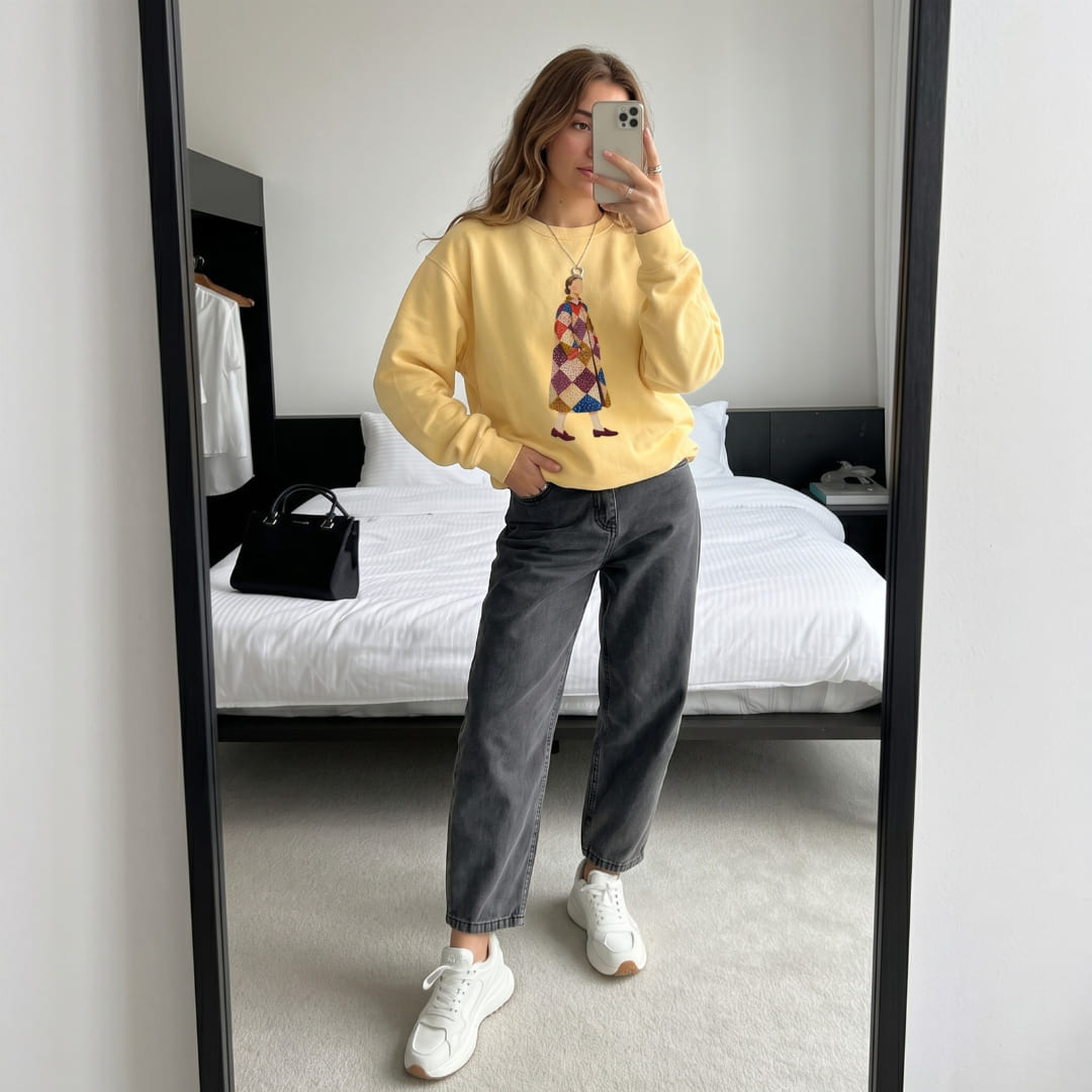 Woman wearing the Pieced Together™ sweatshirt by Blossombless.co in Butter with dark gray jeans and white sneakers, taking a mirror selfie in a bedroom