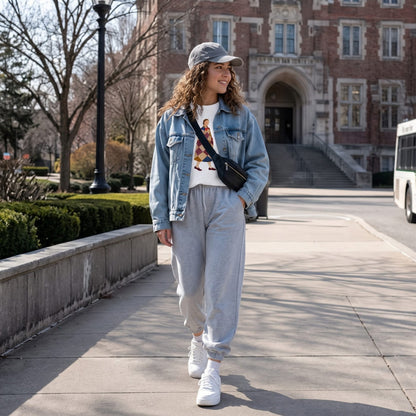 Woman wearing the Pieced Together™ sweatshirt by Blossombless.co in White under a denim jacket with a black crossbody bag, gray joggers and a cap, walking across a college campus
