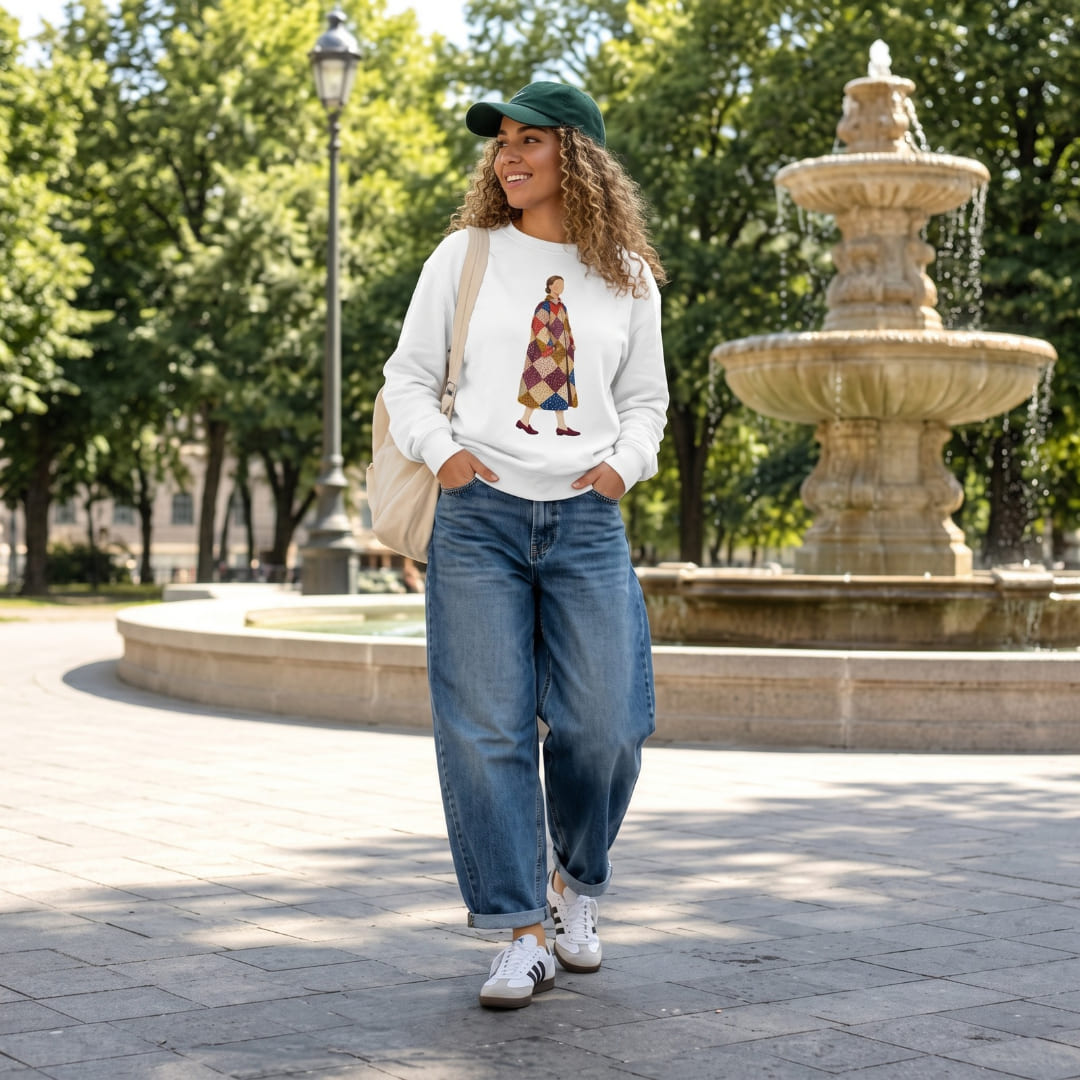 Woman wearing the Pieced Together™ sweatshirt by Blossombless.co in White with wide-leg jeans, a green cap and a canvas tote, standing by a park fountain