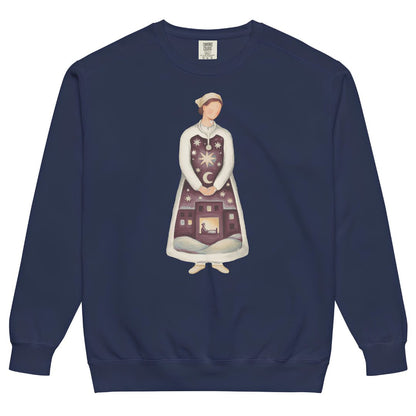 Keeping Watch™ Christmas night shift nurse sweatshirt in True Navy, front view, painterly nurse holding a starry winter night on a Comfort Colors 1566 crewneck