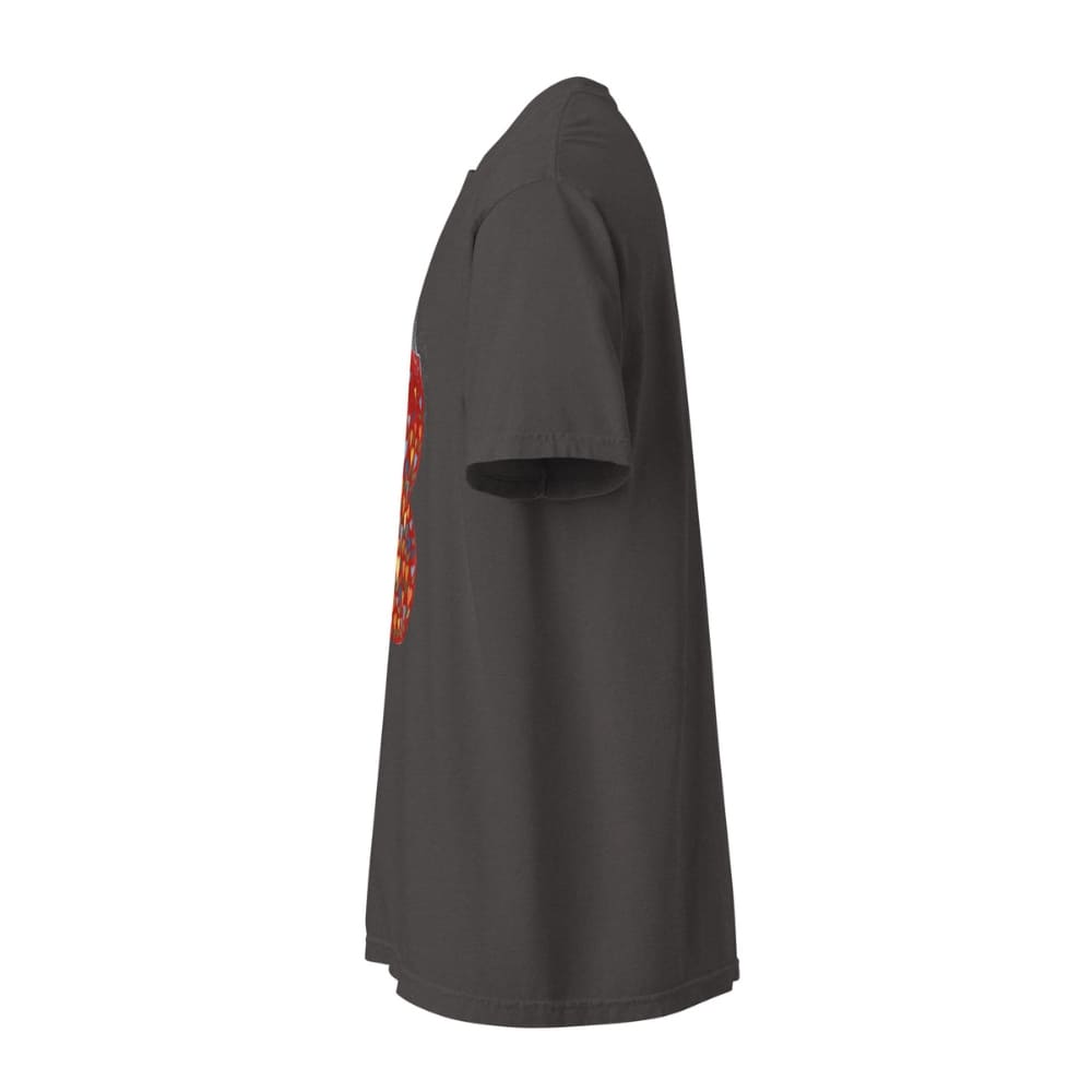 Graphite t-shirt with a red graphic on a white background