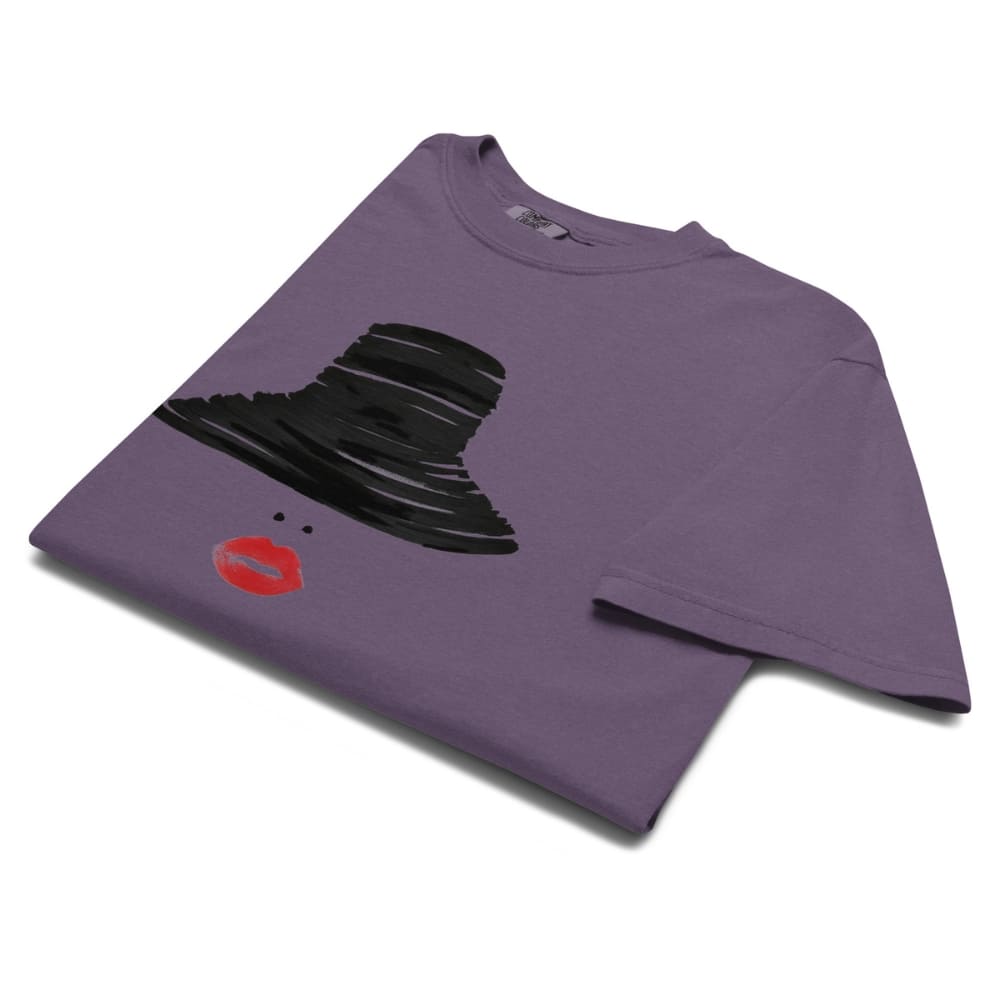 Purple t-shirt with black shoe graphic and red lip print on a white background