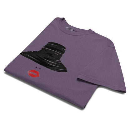 Purple t-shirt with black shoe graphic and red lip print on a white background