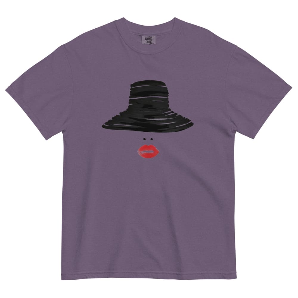 Purple t-shirt with a black hat and red lips graphic on a white background