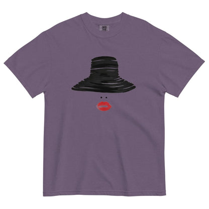 Purple t-shirt with a black hat and red lips graphic on a white background