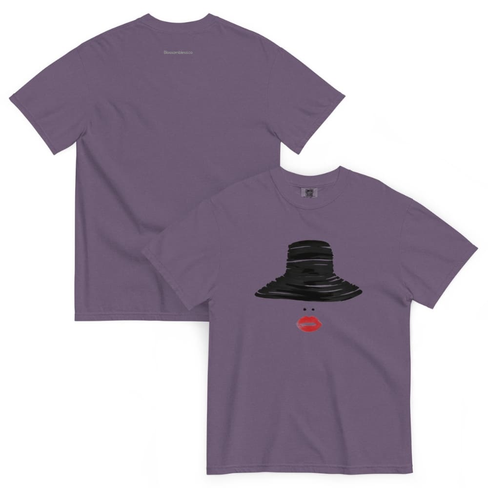 Purple t-shirt with a black hat and red circle design on a white background